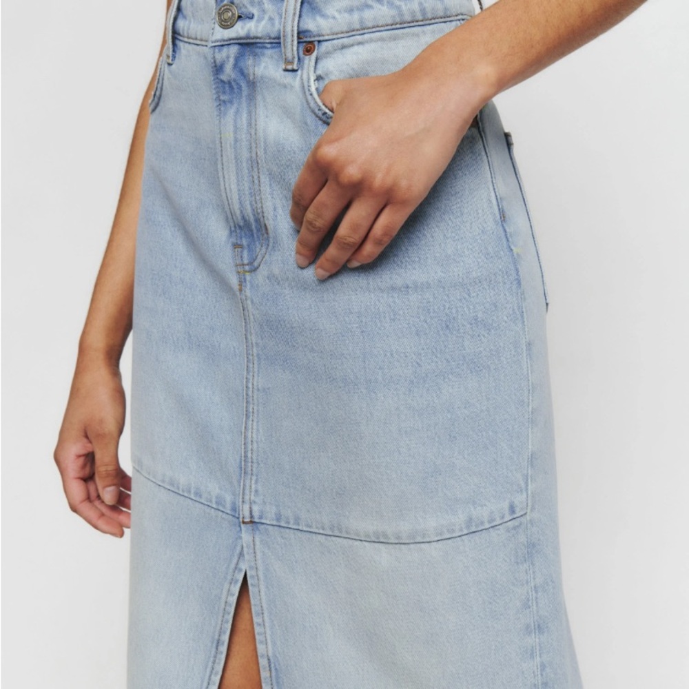 Long light wash Reformation Tazz maxi denim skirt